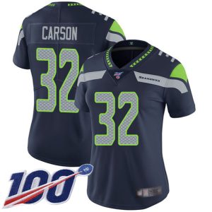 Exceptional Seahawks #32 Chris Carson Steel Blue Team Color Women's Stitched NFL 100th Season Vapor Limited Jersey