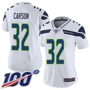 Exceptional Seahawks #32 Chris Carson White Women's Stitched NFL 100th Season Vapor Limited Jersey