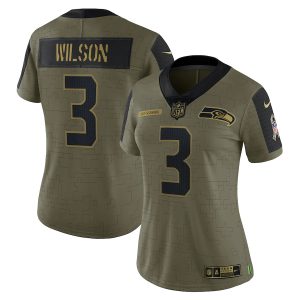 Exceptional Seattle Seahawks #3 Russell Wilson Olive Women's 2021 Salute To Service Limited Player Jersey