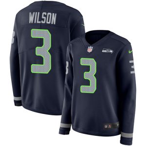 Premium Seahawks #3 Russell Wilson Steel Blue Team Color Women's Stitched NFL Limited Therma Long Sleeve Jersey