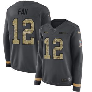 Outstanding Seahawks #12 Fan Anthracite Salute to Service Women's Stitched NFL Limited Therma Long Sleeve Jersey