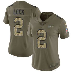 Premium Seahawks #2 Drew Lock Olive/Camo Women's Stitched NFL Limited 2017 Salute To Service Jersey