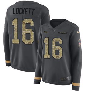 Stunning Seahawks #16 Tyler Lockett Anthracite Salute to Service Women's Stitched NFL Limited Therma Long Sleeve Jersey
