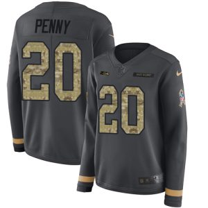 Premium Seahawks #20 Rashaad Penny Anthracite Salute to Service Women's Stitched NFL Limited Therma Long Sleeve Jersey