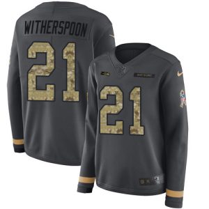 Premium Seahawks #21 Devon Witherspoon Anthracite Salute to Service Women's Stitched NFL Limited Therma Long Sleeve Jersey