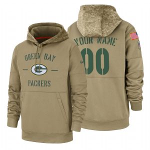 Amazing Green Bay Packers Custom  Tan 2019 Salute To Service Name & Number Sideline Therma Pullover Hoodie