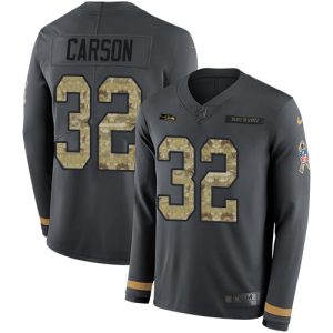 Superb Seahawks #32 Chris Carson Anthracite Salute to Service Men's Stitched NFL Limited Therma Long Sleeve Jersey