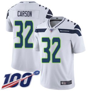 Exceptional Seahawks #32 Chris Carson White Men's Stitched NFL 100th Season Vapor Limited Jersey