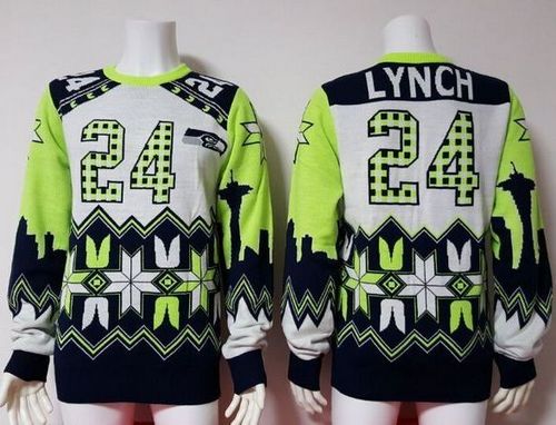 Stunning Seahawks #24 Marshawn Lynch White Men's Ugly Sweater